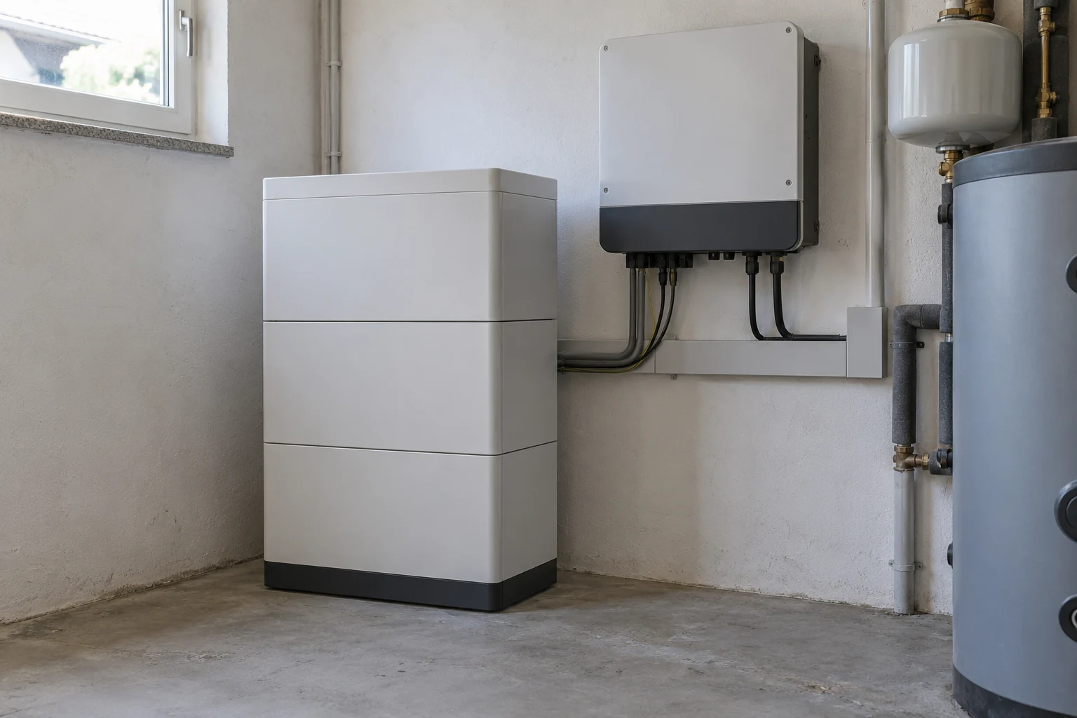 Modularer Batteriespeicher und Wechselrichter in einem Hauswirtschaftsraum.