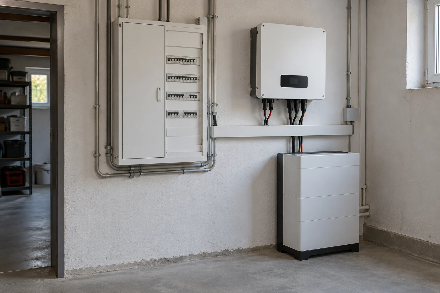 Elektroverteilung, Wechselrichter und Batteriespeicher in einem Technikraum.