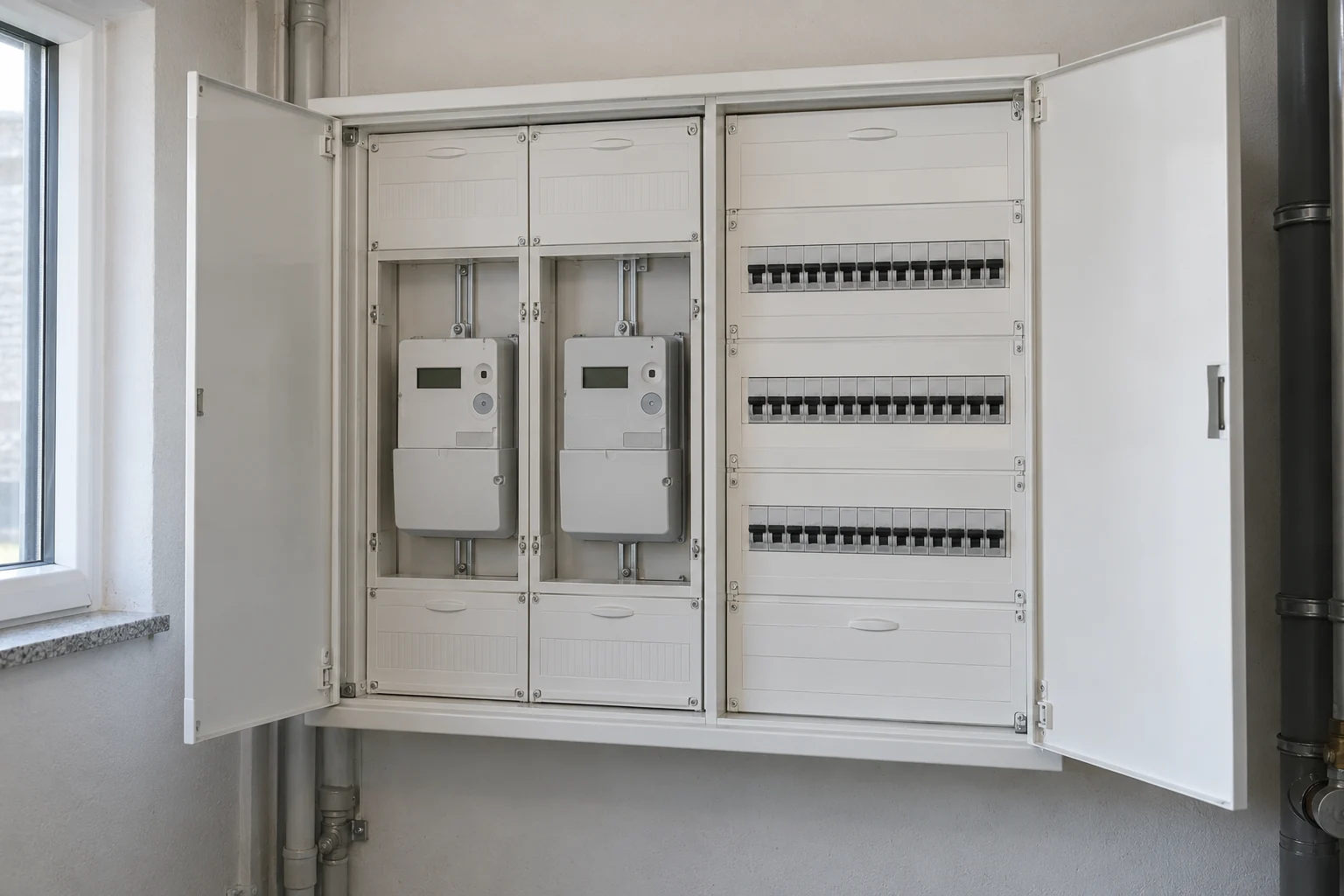 Zähler- und Verteilerschrank mit Zählerplätzen und abgedeckten Schutzgeräten.