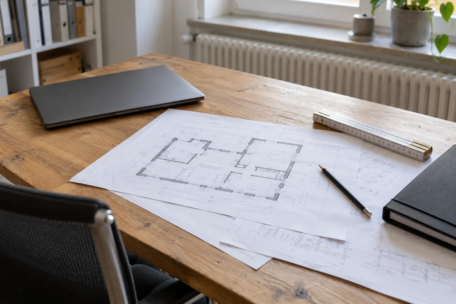 Grundriss, Bleistift und Zollstock auf einem Planungsschreibtisch; Symbolszene.