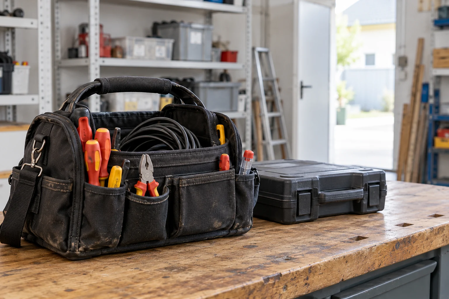 Unbeschriftete Werkzeugtasche und Servicekoffer auf einer Werkbank; Symbolszene.
