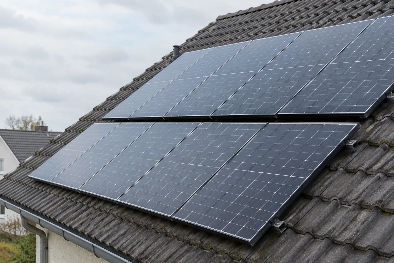 Photovoltaikmodule mit Aluminiumrahmen auf einem grauen Ziegeldach im Detail.