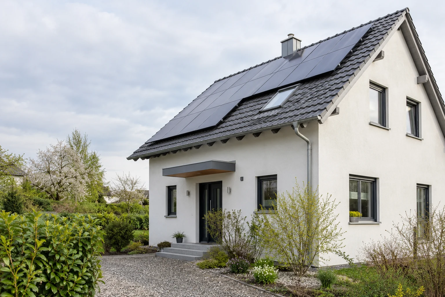 Wohnhaus mit Photovoltaikmodulen auf einem grauen Ziegeldach und einem naturnahen Vorgarten.