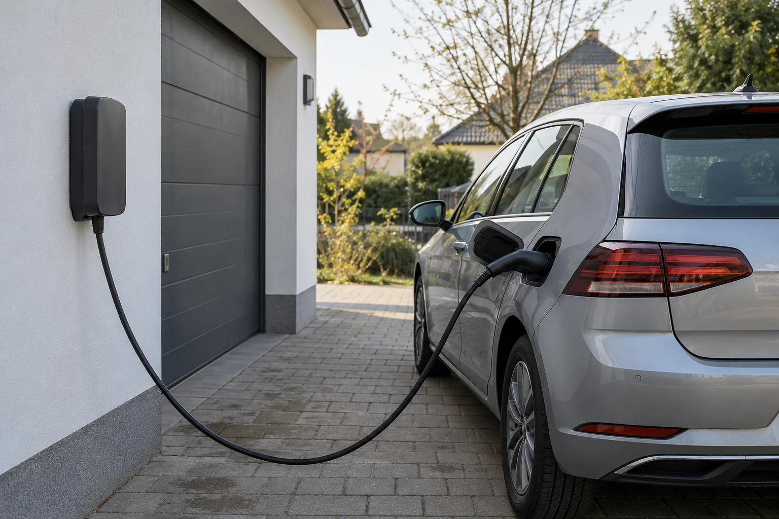 Neutrale Wallbox mit angeschlossenem Elektroauto an einem privaten Stellplatz.